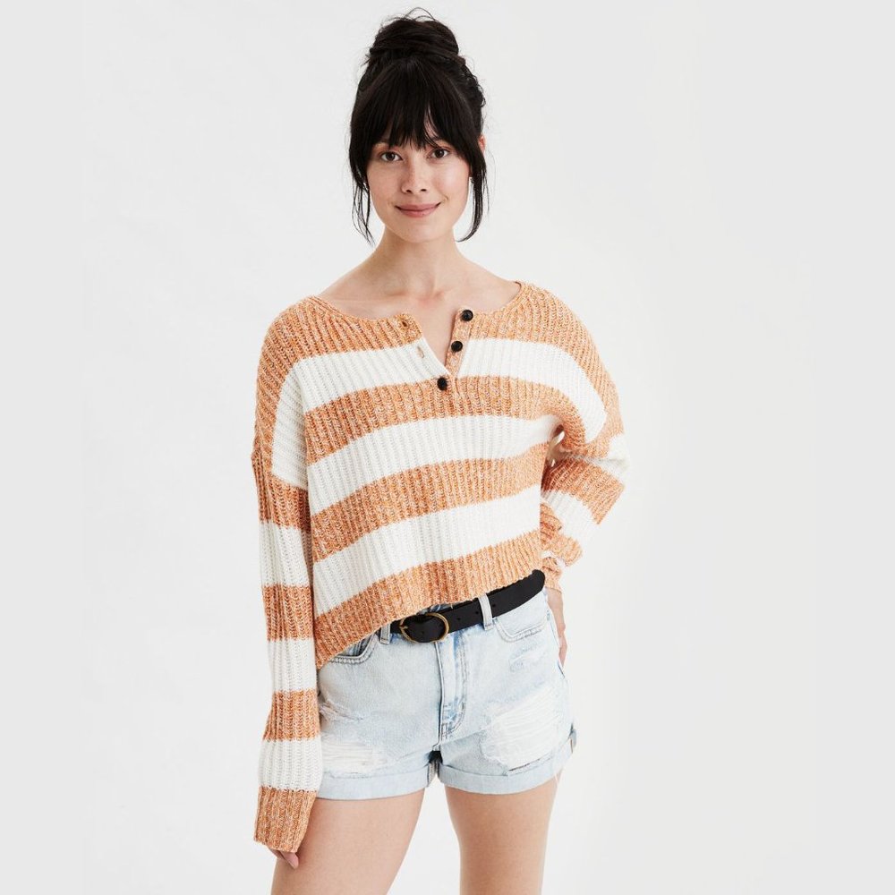 American Eagle Boxy Super Soft Cropped Henley Sweater Yellow White Stripes S
